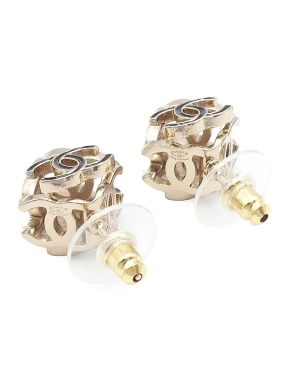 Chanel Cube Earrings Gold Black Metal Resin CC Logo